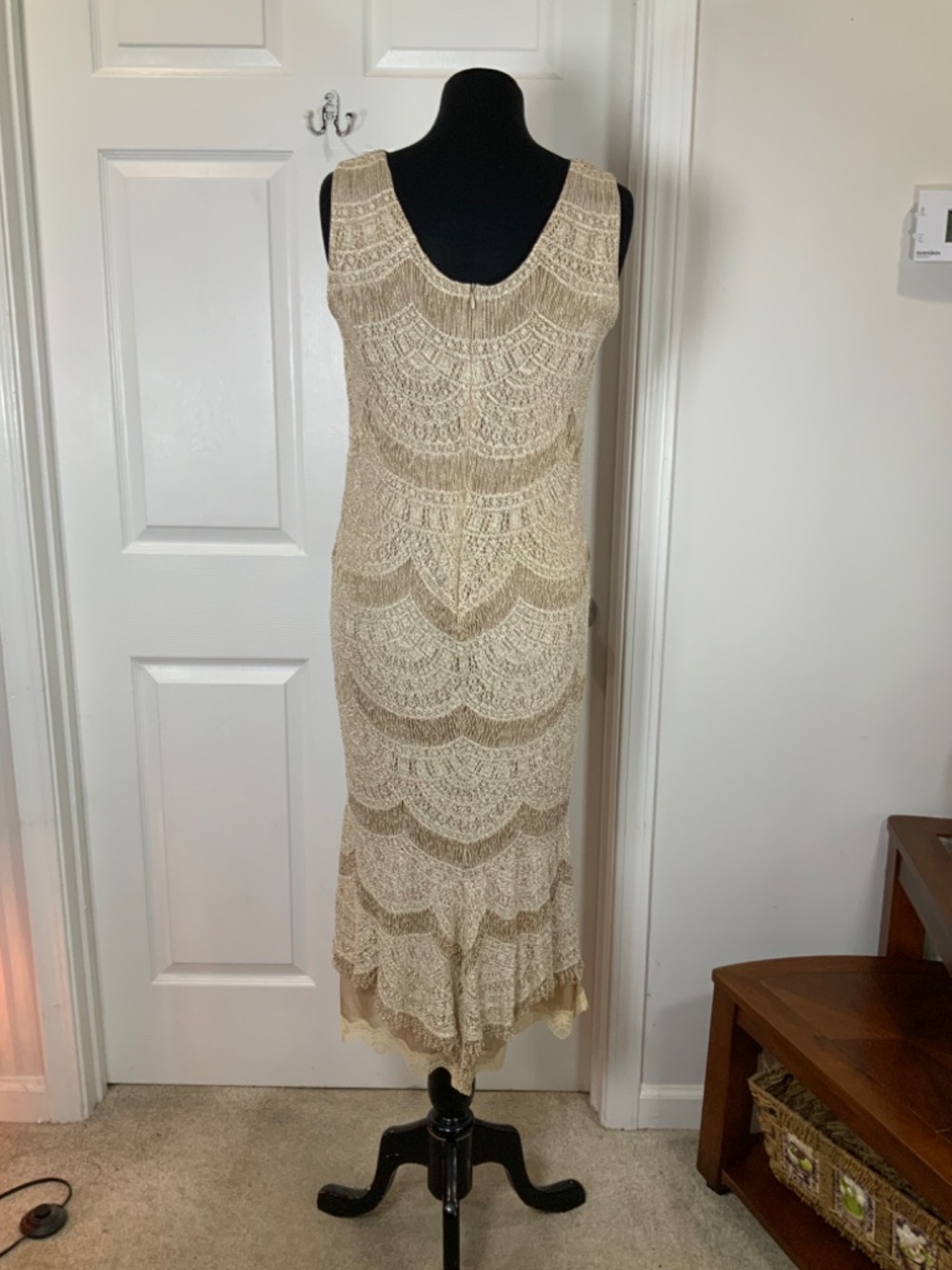 Lillie Rubin Champagne Gold Embroidered Lace Midi Dress Art Deco Glam Medium - Picture 5 of 11